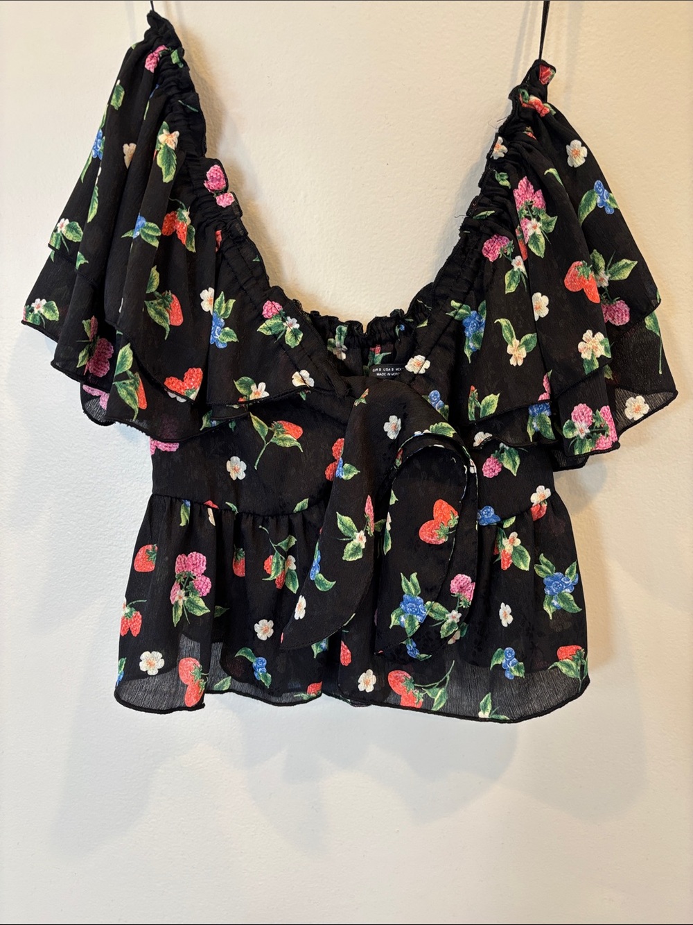 Zara Black Floral Off-Shoulder Crop Top with Pink, Red, Blue and Green Print